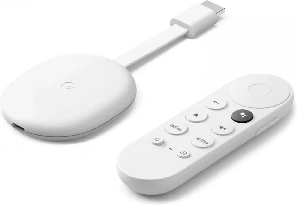 Google Chromecast with Google TV and voice remote in white